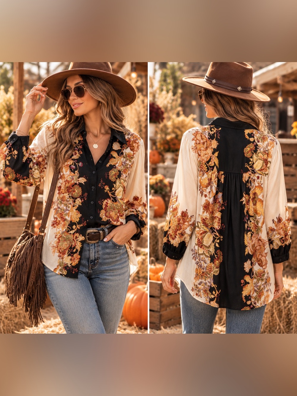 Anthropologie Floral Paisley Button Down Blouse Black Cream Boho Chic XL